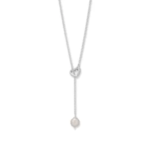 16"   2" Cultured Freshwater Pearl and CZ Heart Lariat Necklace