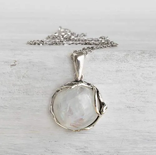 925 Sterling Silver Natural Moonstone Necklace - 14mm White Iridescent Round Gemstone Pendant, June Gemini Birthstone Birthday Present - Unique Handmade Artisan Jewelry, Vintage Style Gift for Women