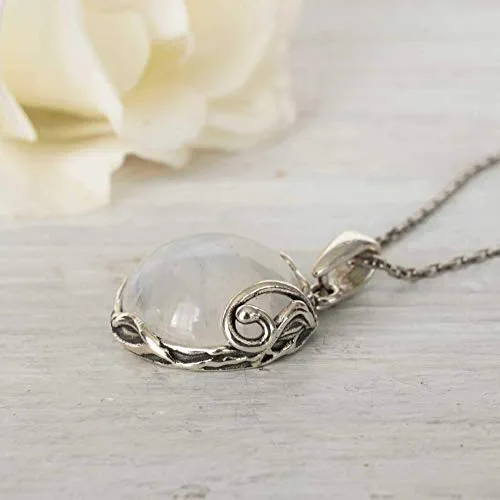 925 Sterling Silver Natural Moonstone Necklace - 14mm White Iridescent Round Gemstone Pendant, June Gemini Birthstone Birthday Present - Unique Handmade Artisan Jewelry, Vintage Style Gift for Women