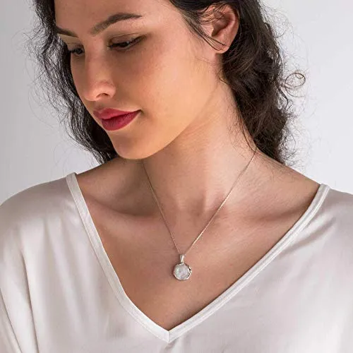 925 Sterling Silver Natural Moonstone Necklace - 14mm White Iridescent Round Gemstone Pendant, June Gemini Birthstone Birthday Present - Unique Handmade Artisan Jewelry, Vintage Style Gift for Women