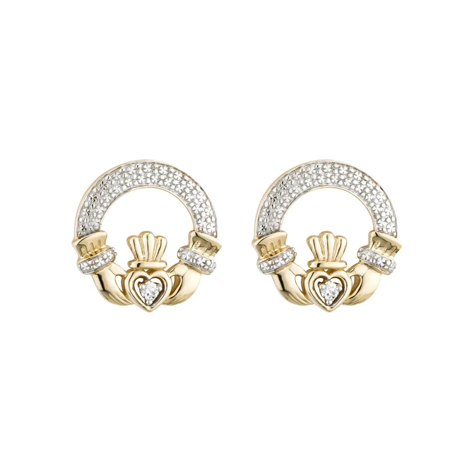 Claddagh Stud Earrings with Diamonds, Yellow Gold