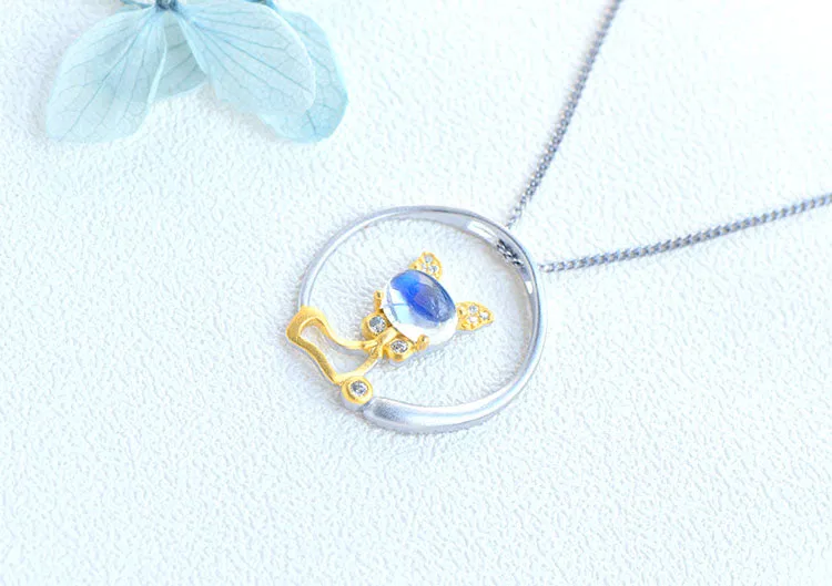 Cute Cat Shaped Gold Plated Sterling Silver Blue Moonstone Necklace June Birthstone Pendant Necklace For Women
