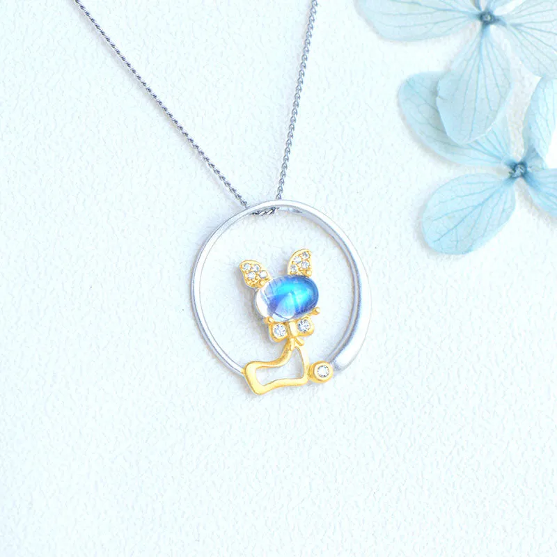 Cute Cat Shaped Gold Plated Sterling Silver Blue Moonstone Necklace June Birthstone Pendant Necklace For Women