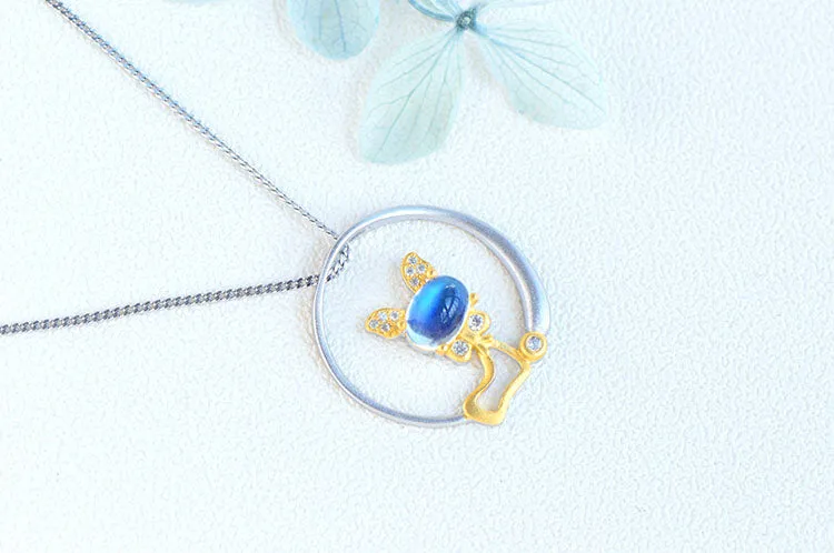Cute Cat Shaped Gold Plated Sterling Silver Blue Moonstone Necklace June Birthstone Pendant Necklace For Women
