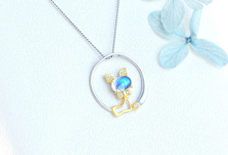 Cute Cat Shaped Gold Plated Sterling Silver Blue Moonstone Necklace June Birthstone Pendant Necklace For Women