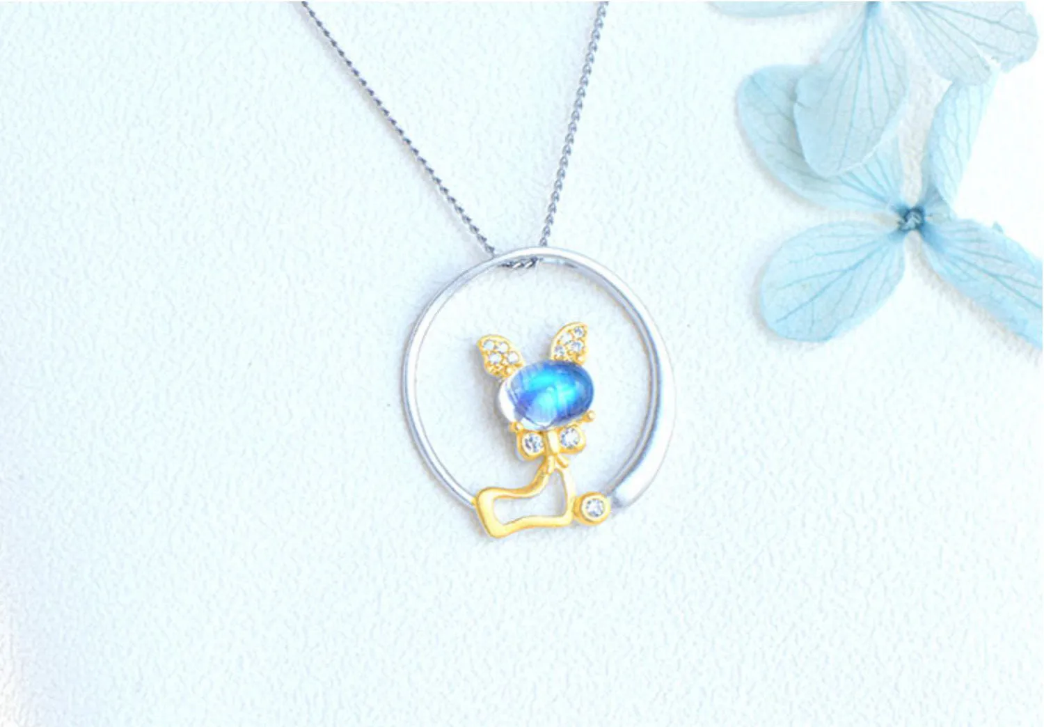 Cute Cat Shaped Gold Plated Sterling Silver Blue Moonstone Necklace June Birthstone Pendant Necklace For Women