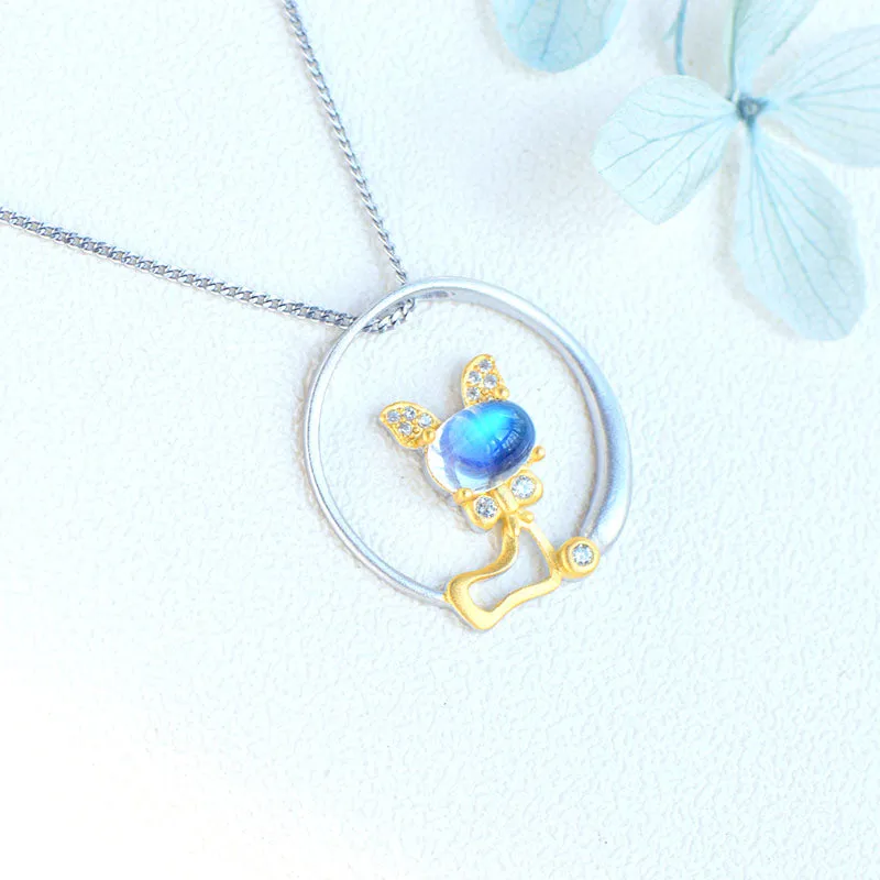 Cute Cat Shaped Gold Plated Sterling Silver Blue Moonstone Necklace June Birthstone Pendant Necklace For Women
