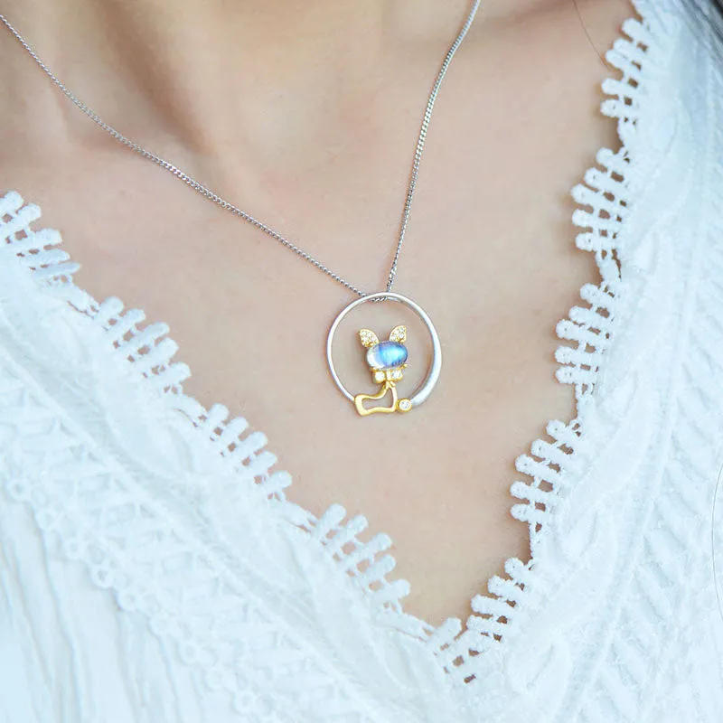 Cute Cat Shaped Gold Plated Sterling Silver Blue Moonstone Necklace June Birthstone Pendant Necklace For Women