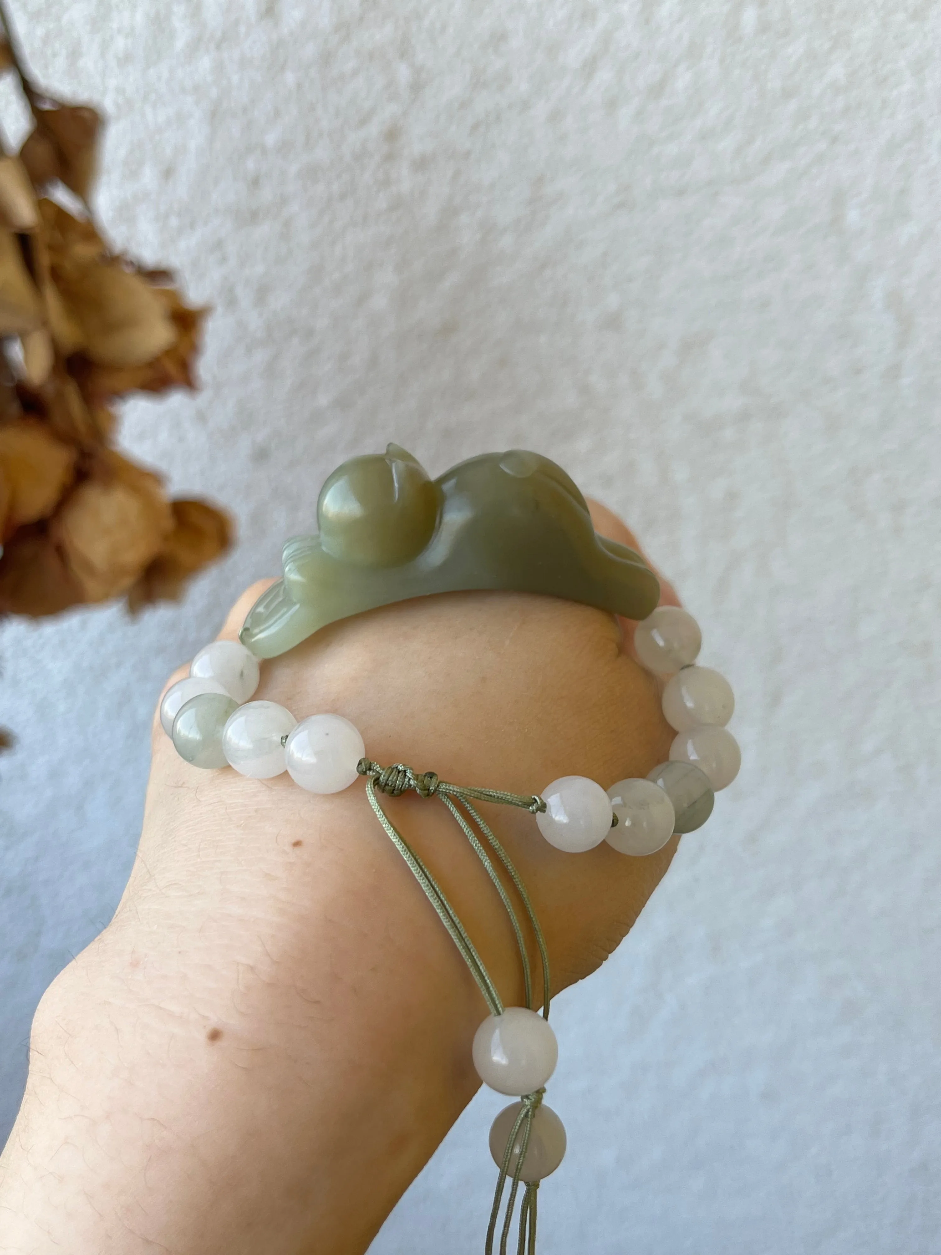 Handwoven Bracelet with a Hand Carved Nephrite Jade Lucky Cat Pendant, 手编和田可爱趴趴招财猫手牌