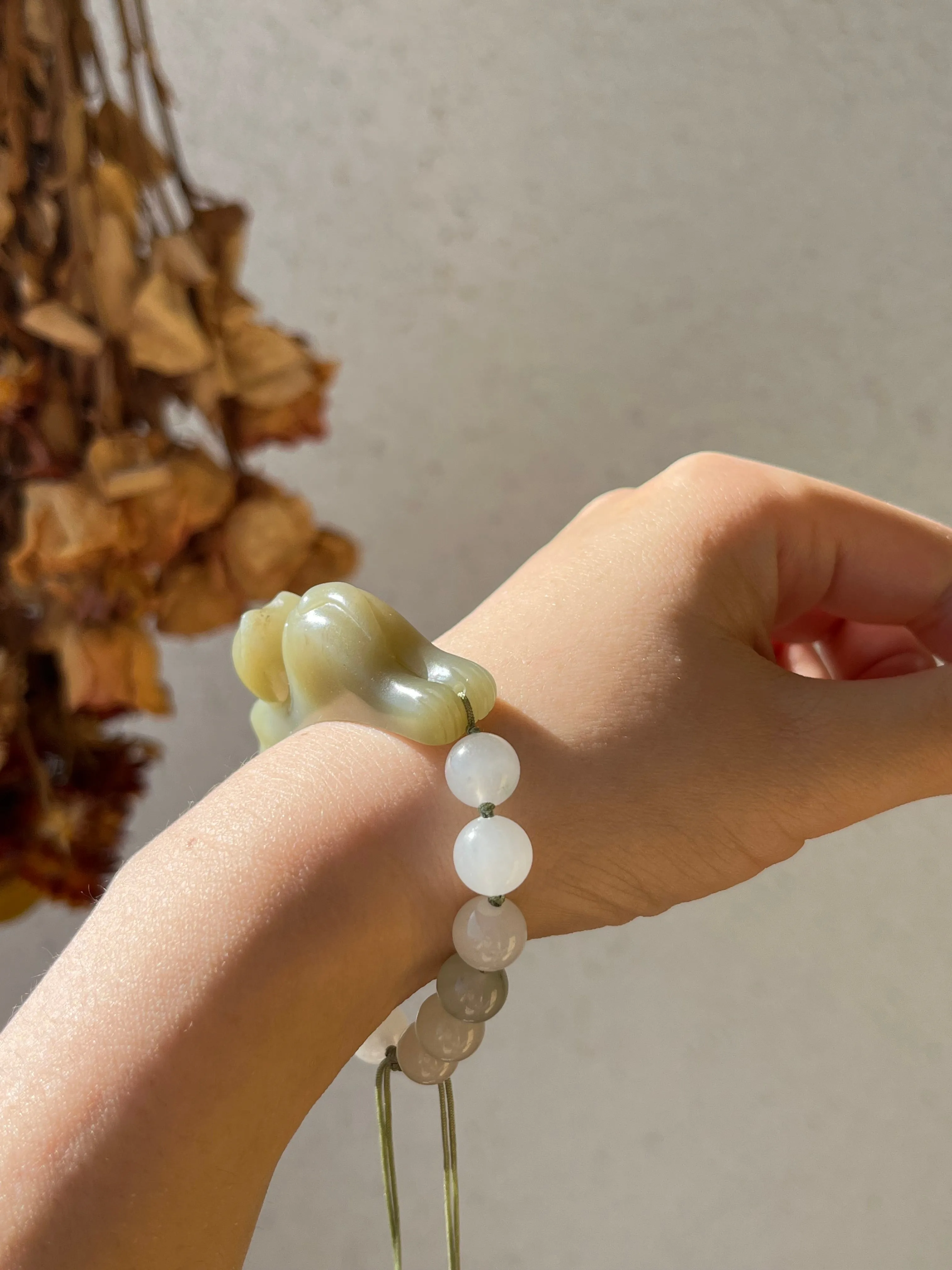 Handwoven Bracelet with a Hand Carved Nephrite Jade Lucky Cat Pendant, 手编和田可爱趴趴招财猫手牌