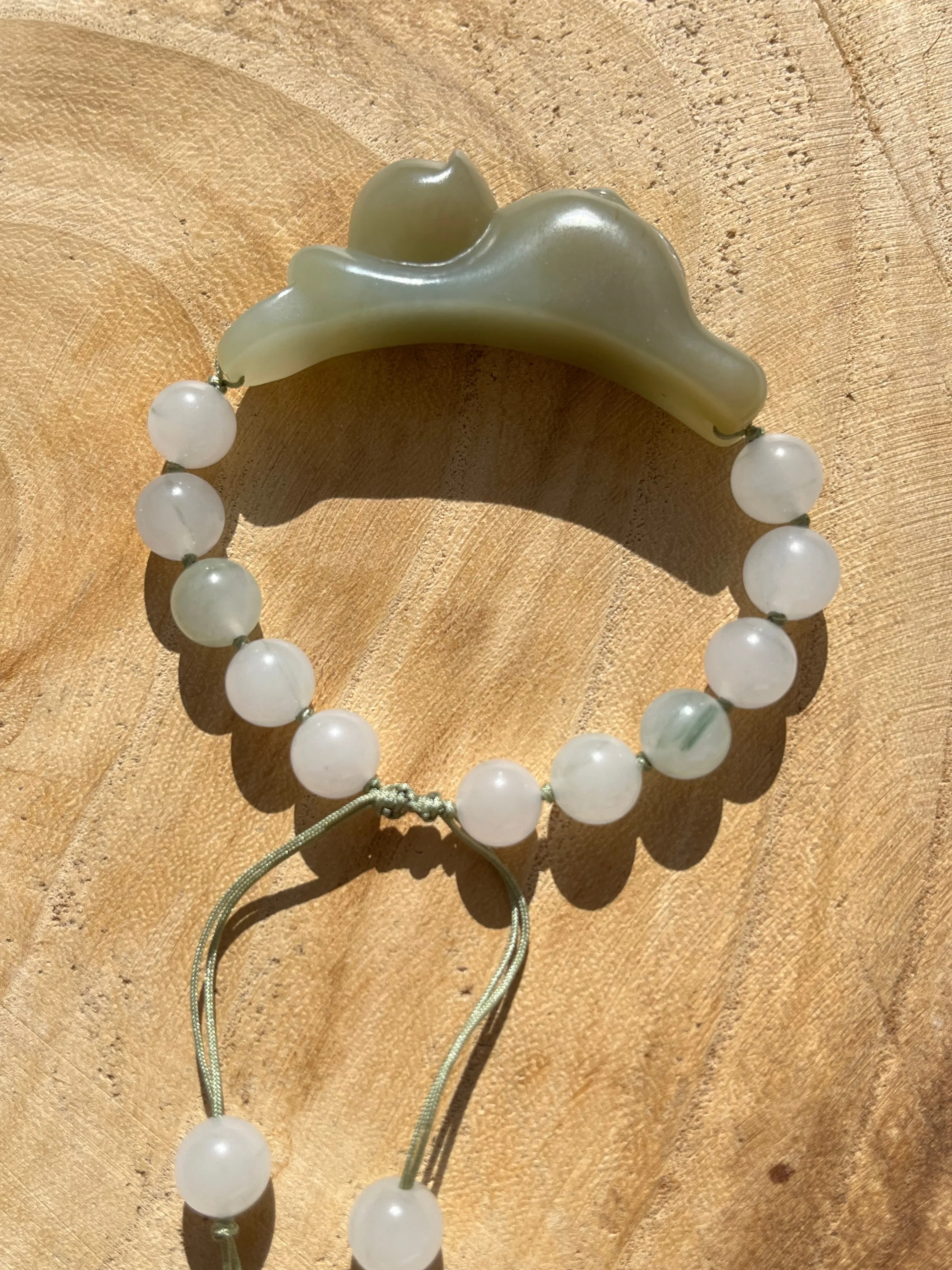Handwoven Bracelet with a Hand Carved Nephrite Jade Lucky Cat Pendant, 手编和田可爱趴趴招财猫手牌