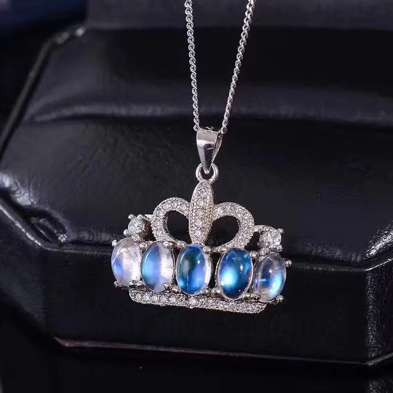 Moonstone Princess Crown Pendant Necklace for Women, 925 Sterling Silver Gemstone Fine Necklace Pendant for Girls FN344