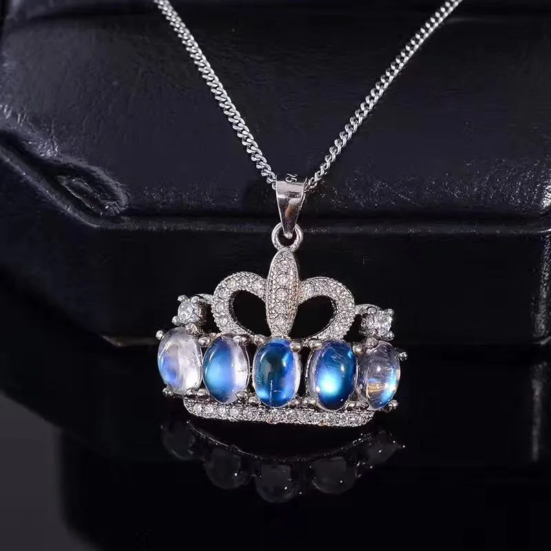 Moonstone Princess Crown Pendant Necklace for Women, 925 Sterling Silver Gemstone Fine Necklace Pendant for Girls FN344