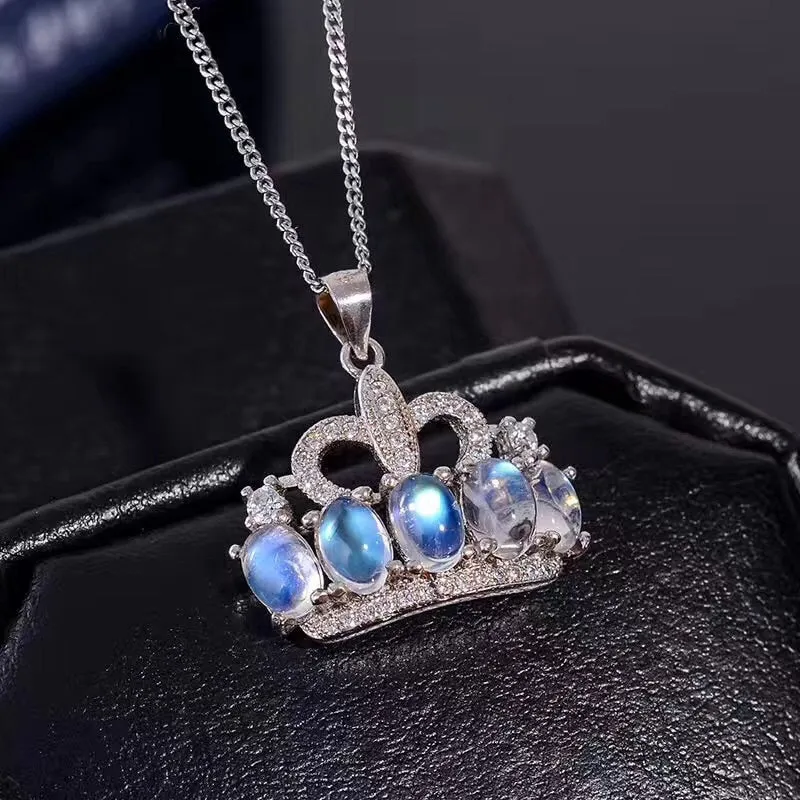 Moonstone Princess Crown Pendant Necklace for Women, 925 Sterling Silver Gemstone Fine Necklace Pendant for Girls FN344