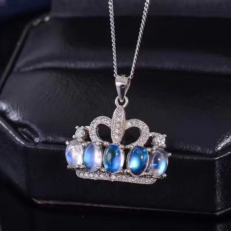 Moonstone Princess Crown Pendant Necklace for Women, 925 Sterling Silver Gemstone Fine Necklace Pendant for Girls FN344