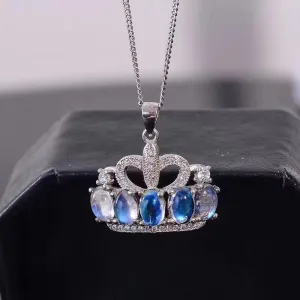 Moonstone Princess Crown Pendant Necklace for Women, 925 Sterling Silver Gemstone Fine Necklace Pendant for Girls FN344