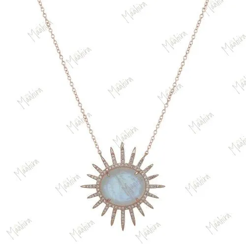 Rainbow Moonstone and Diamond Sun Necklace
