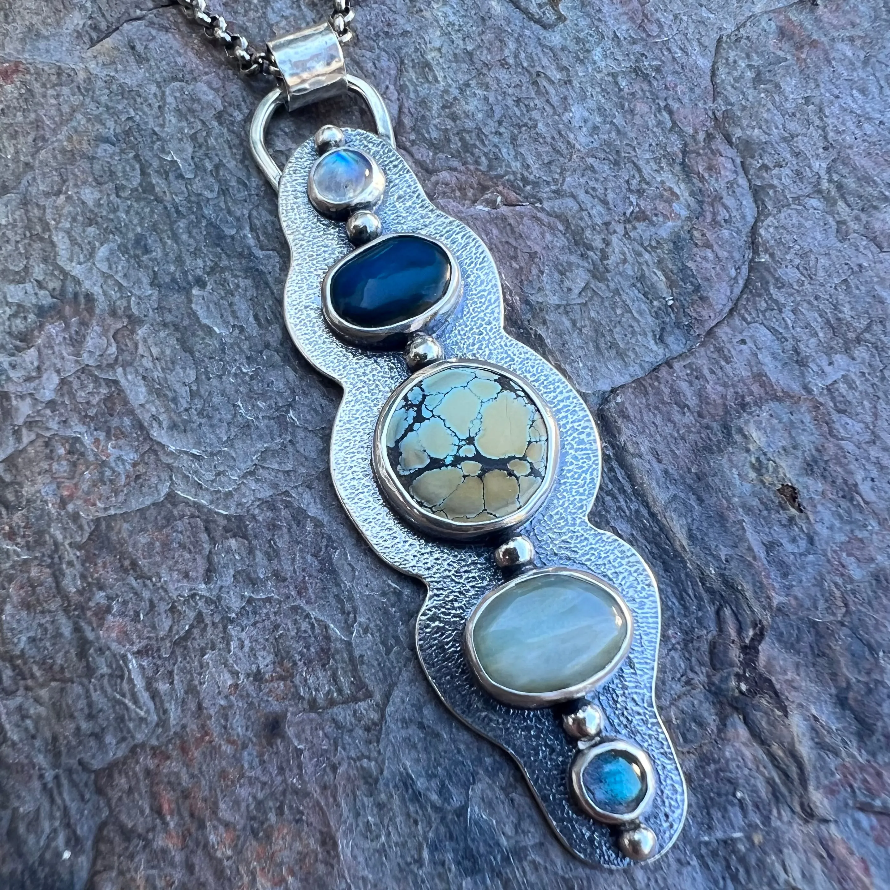 Rainbow Moonstone, Peruvian Opal, Turquoise, and Labradorite Sterling Silver Handmade One-of-a-kind Pendant Necklace