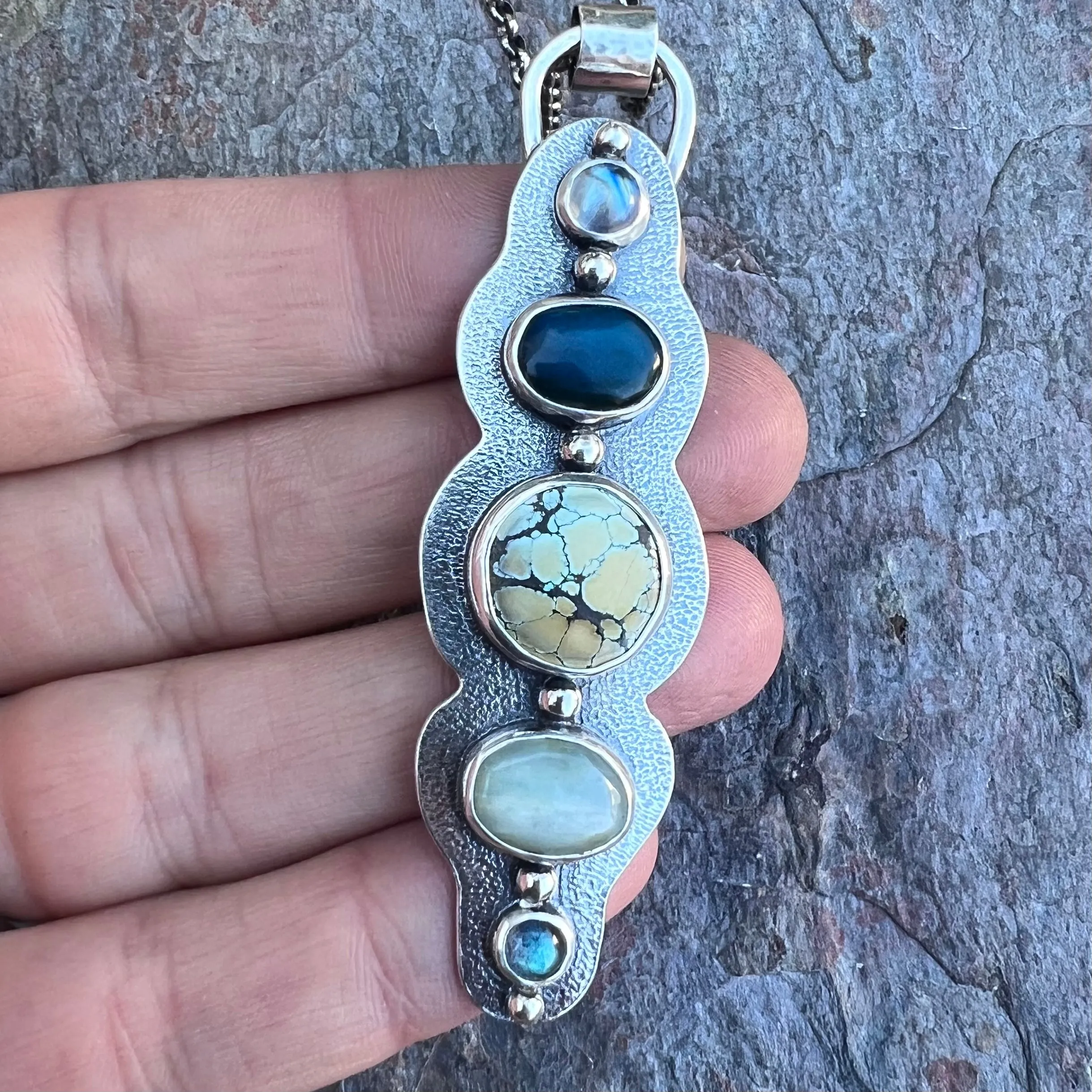 Rainbow Moonstone, Peruvian Opal, Turquoise, and Labradorite Sterling Silver Handmade One-of-a-kind Pendant Necklace