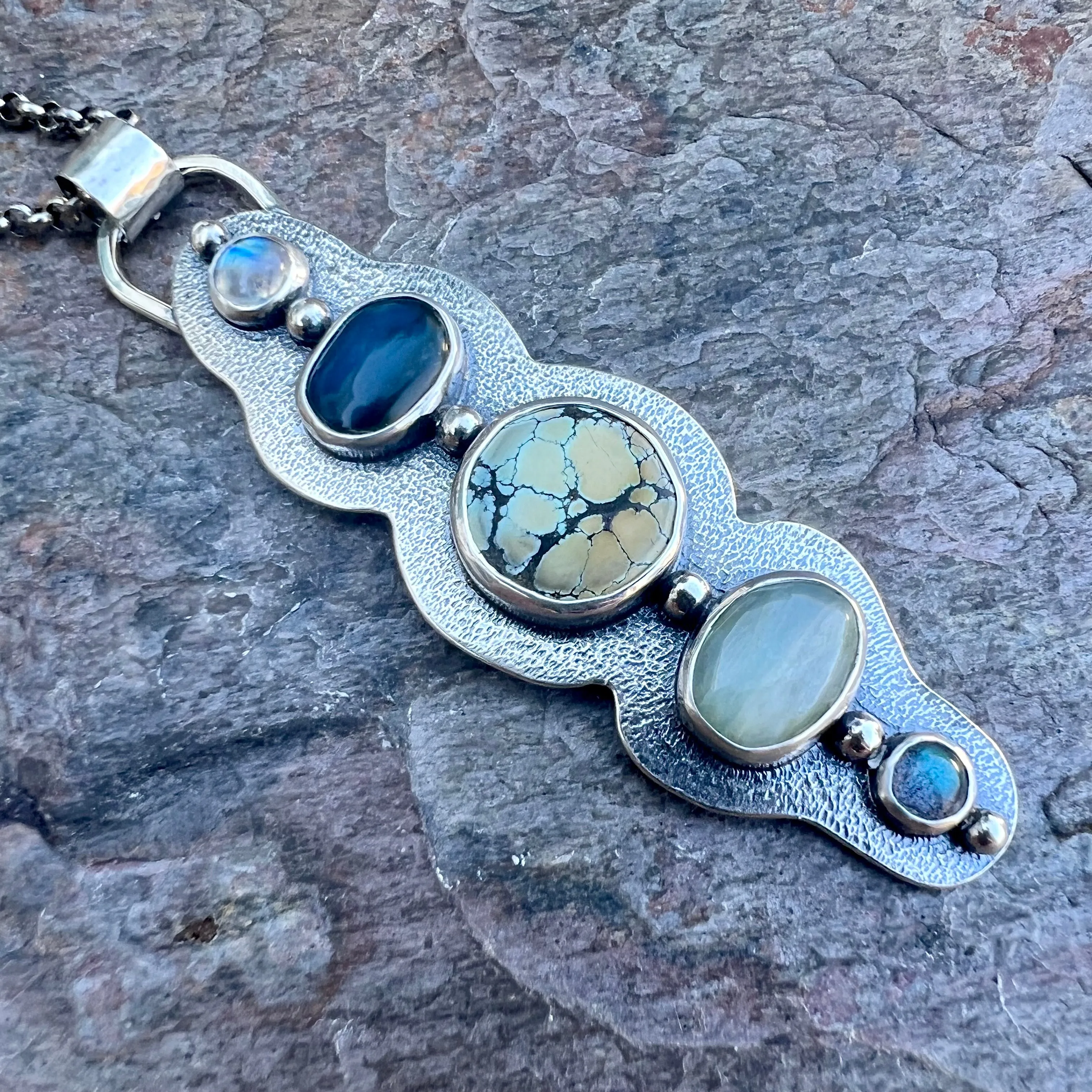 Rainbow Moonstone, Peruvian Opal, Turquoise, and Labradorite Sterling Silver Handmade One-of-a-kind Pendant Necklace