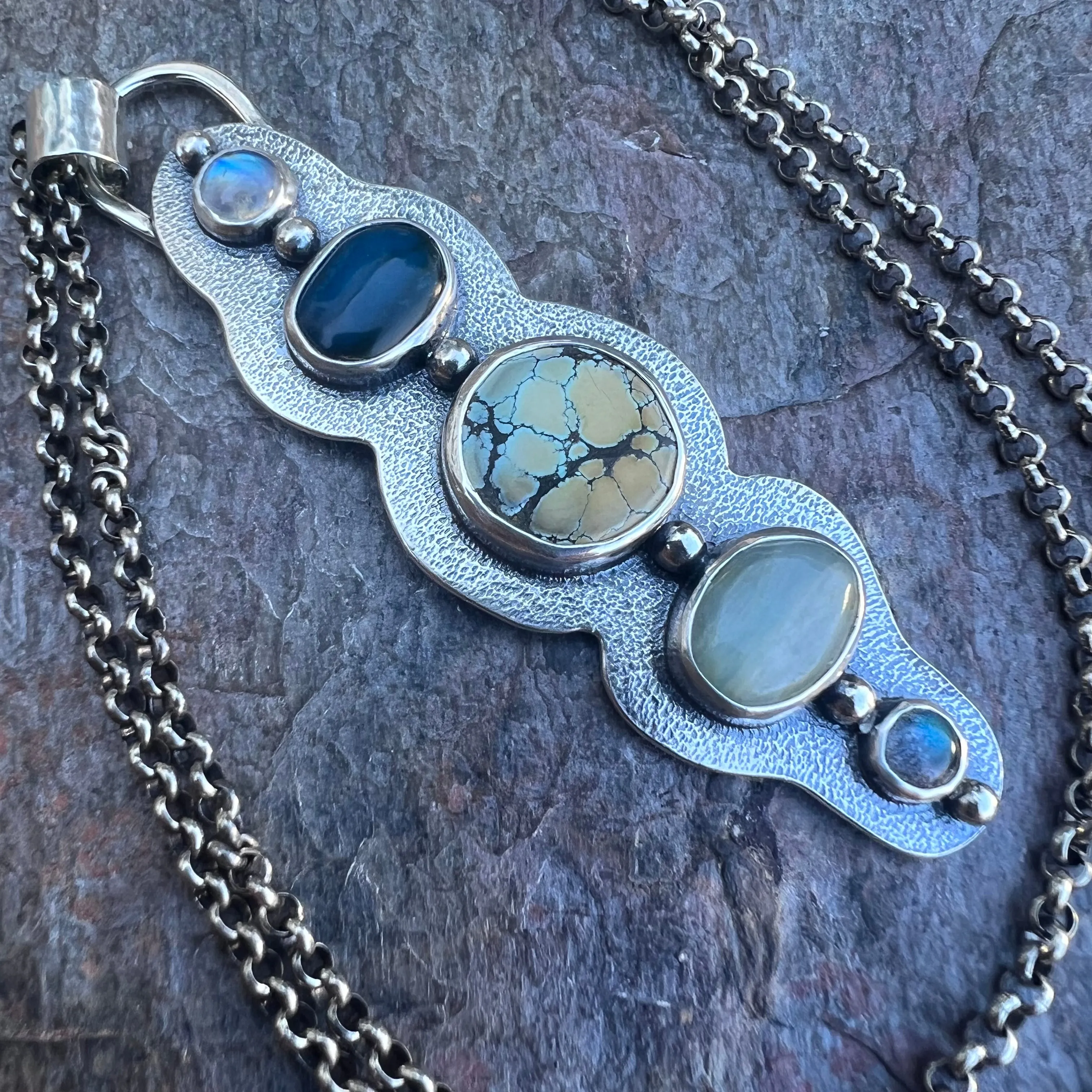 Rainbow Moonstone, Peruvian Opal, Turquoise, and Labradorite Sterling Silver Handmade One-of-a-kind Pendant Necklace