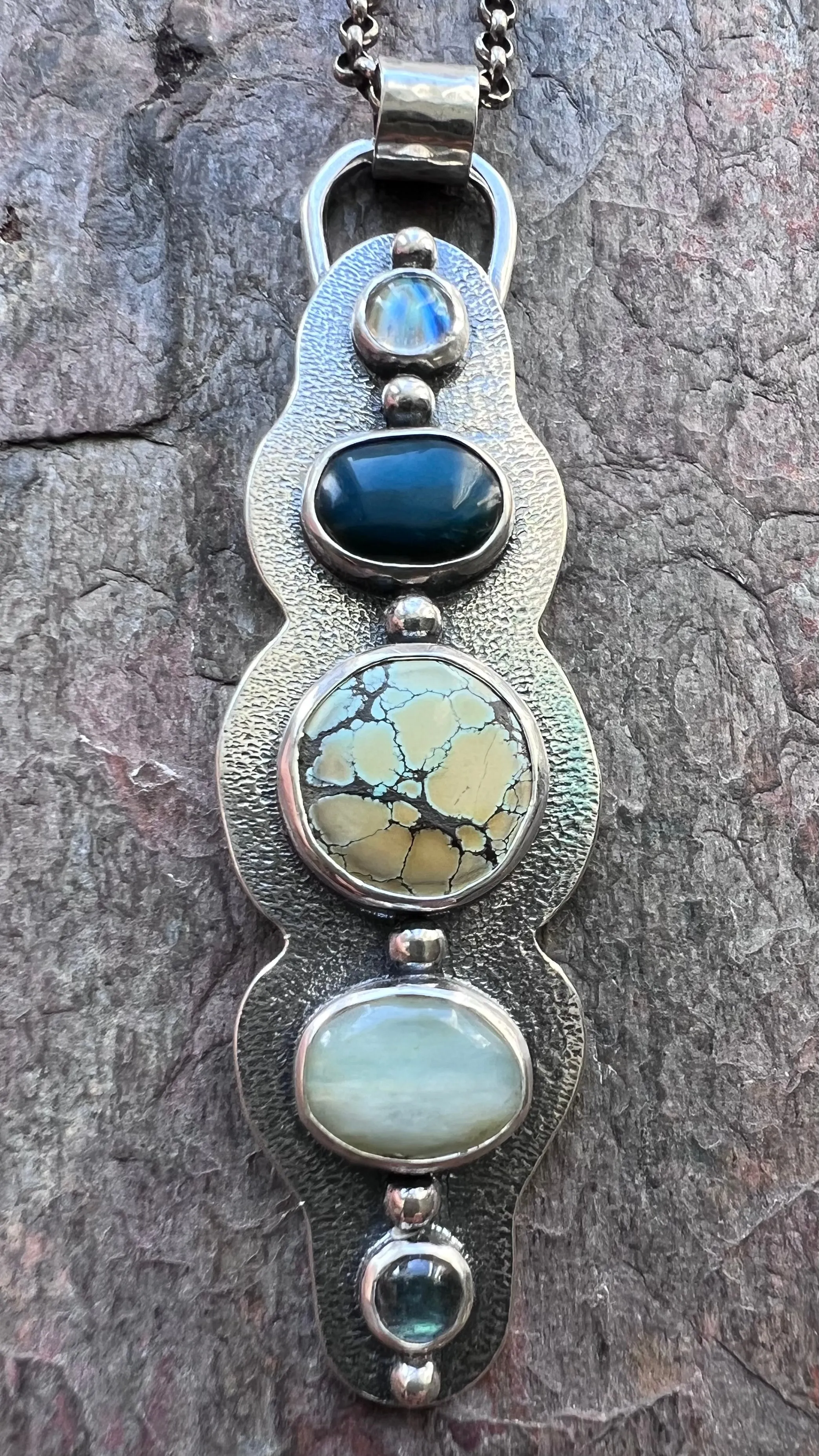 Rainbow Moonstone, Peruvian Opal, Turquoise, and Labradorite Sterling Silver Handmade One-of-a-kind Pendant Necklace