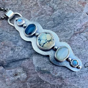 Rainbow Moonstone, Peruvian Opal, Turquoise, and Labradorite Sterling Silver Handmade One-of-a-kind Pendant Necklace