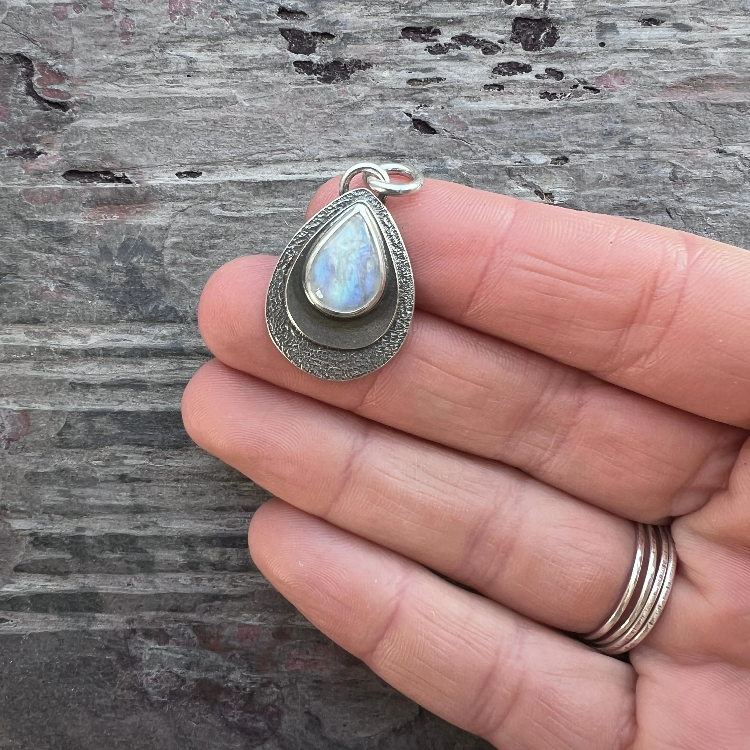 Rainbow Moonstone Sterling Silver Pendant | Natural Stone Teardrop Cabochon